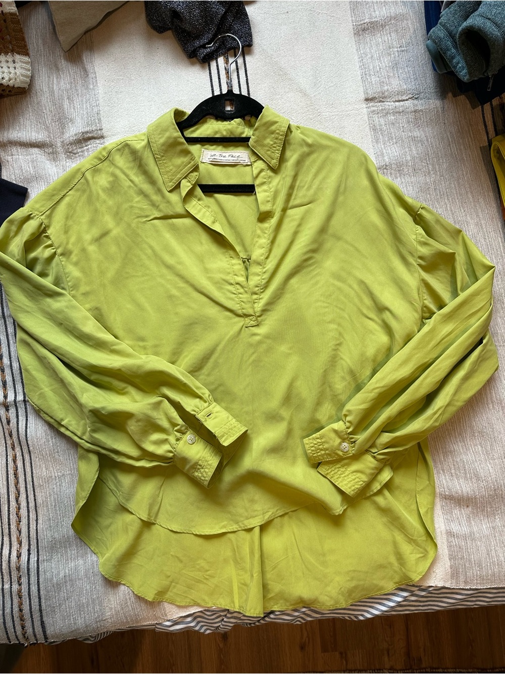 We The Free Bright Lime Green V-Neck Collared Blouse